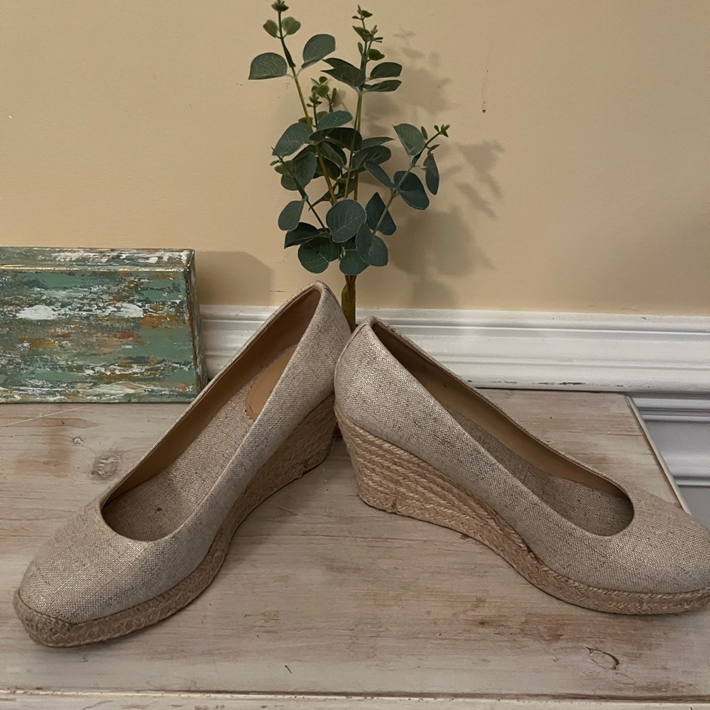 J. Crew Espadrille Wedges, Gold Metallic, Size 9, GUC